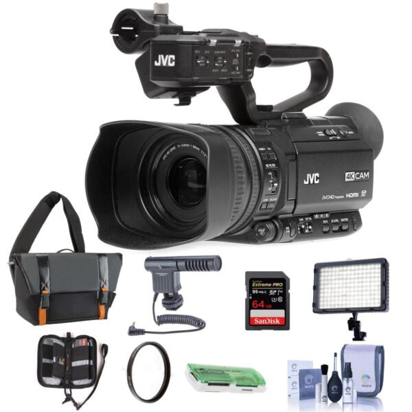 JVC GY-HM180 12.4MP 4K UHD Camcorder, wLED Light, Mic, 64GB Memory Card & Acc