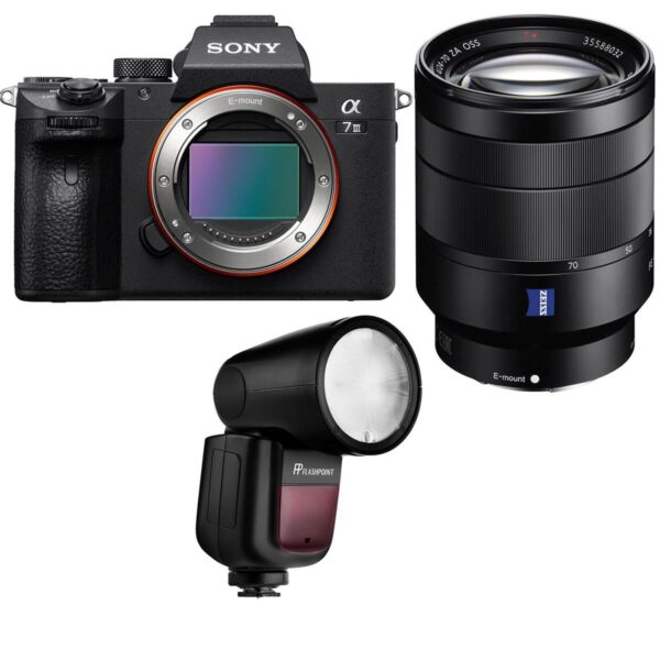 Sony Alpha a7 III Mirrorless Camera WTessar T FE 24-70mm f4 ZA Lens WFlash